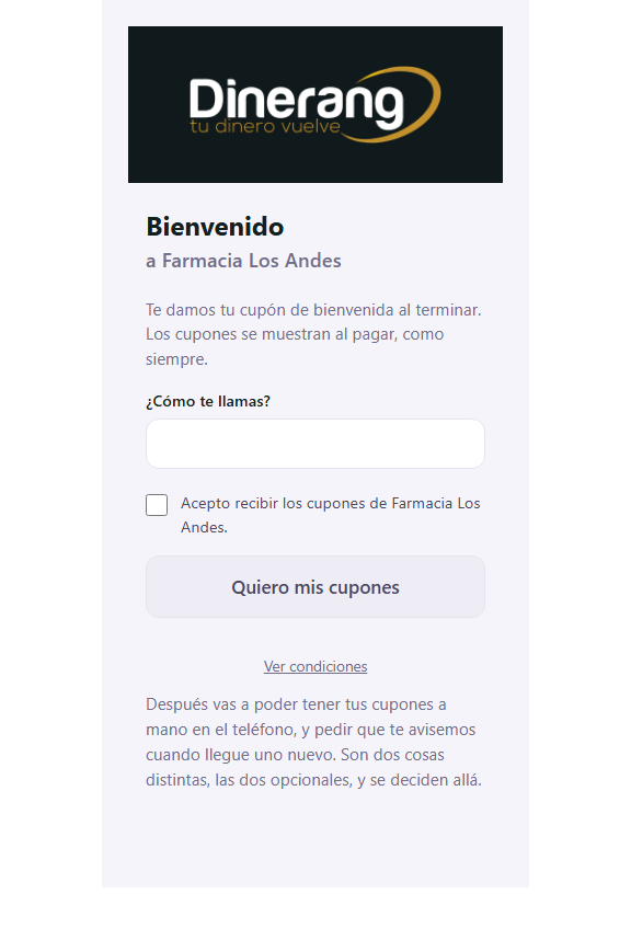 Pantalla de bienvenida que ve un cliente al escanear el cartel de un comercio