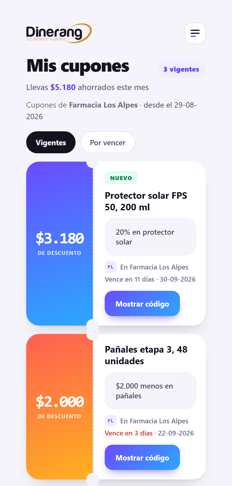 Los cupones de un cliente de Farmacia Los Alpes en su teléfono: 20% en protector solar y $2.000 menos en pañales, este último por vencer