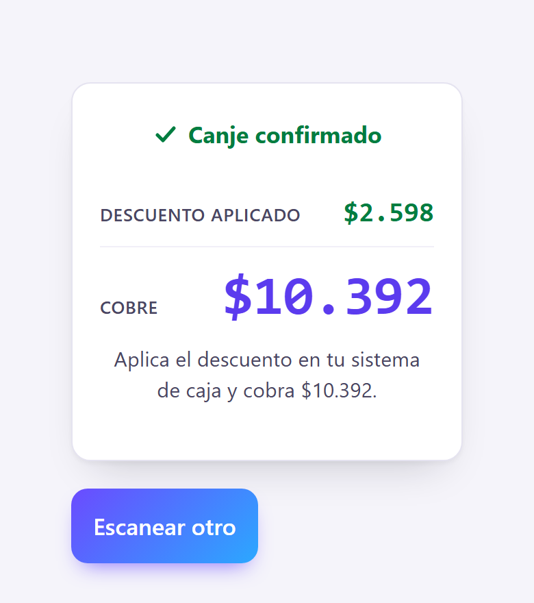 La caja confirmando un canje: el descuento aplicado y cuánto cobrar