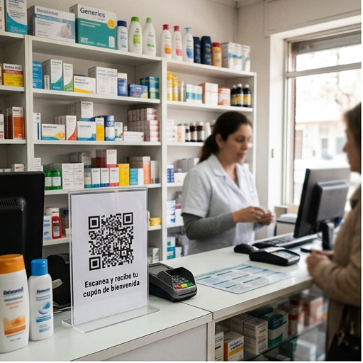 Cartel con código QR en el mostrador de una farmacia de barrio
