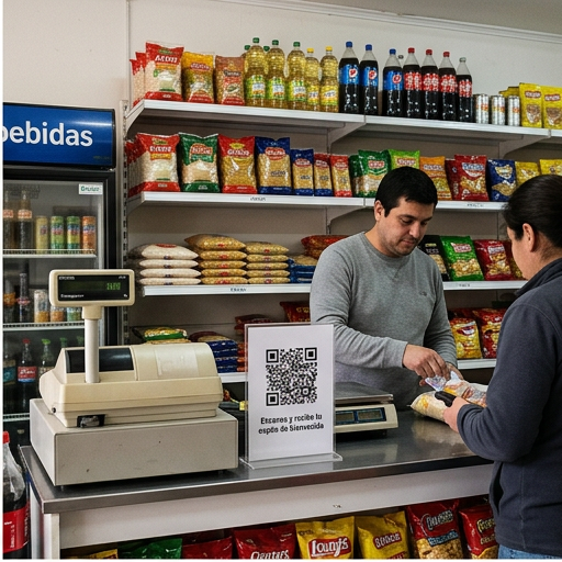 Cartel con código QR en el mesón de un minimarket de barrio